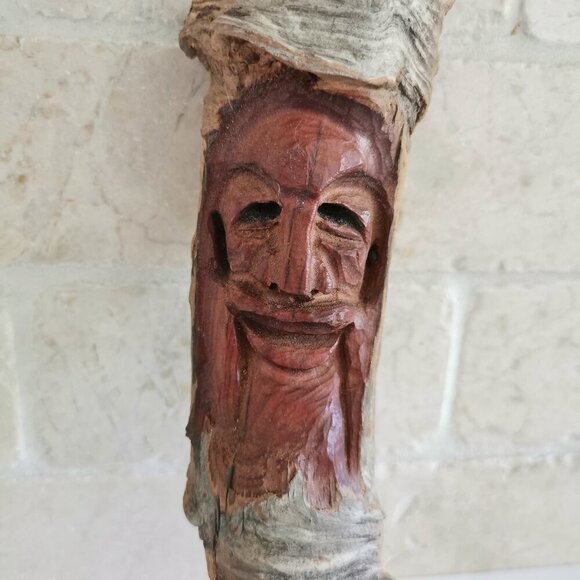 Handcarved Wood Tree Spirit Old Man Wizard Wooden Signed Carving Statue 10" - Picture 2 of 9
